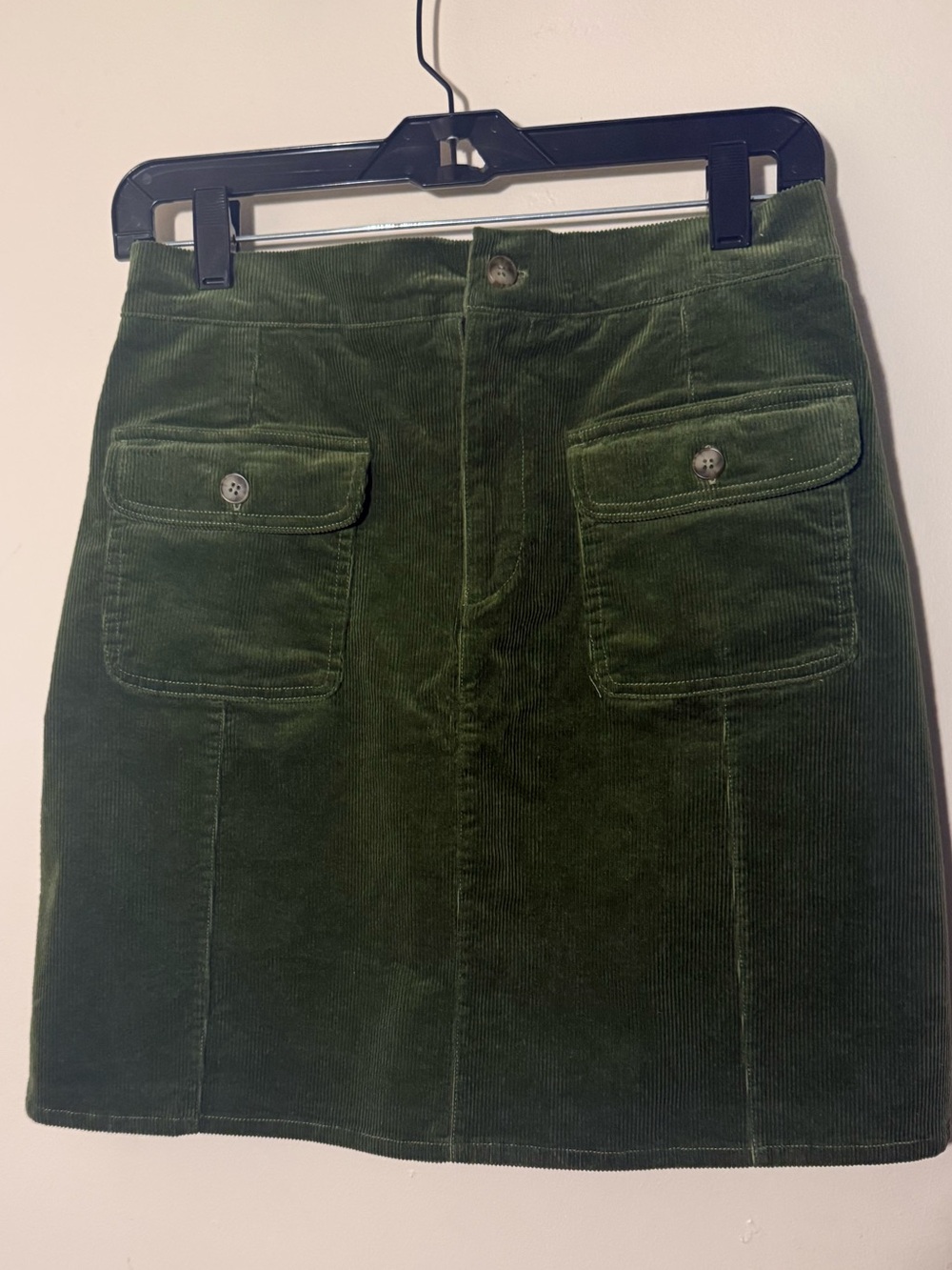 Olive Green Corduroy Mini Skirt with Front Patch Pockets